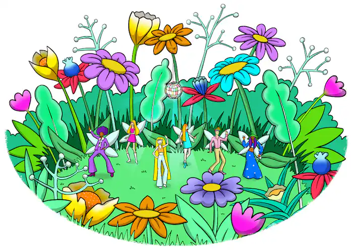 Thumbelina and lots of fairies stand beneath colourful flowers and grass.